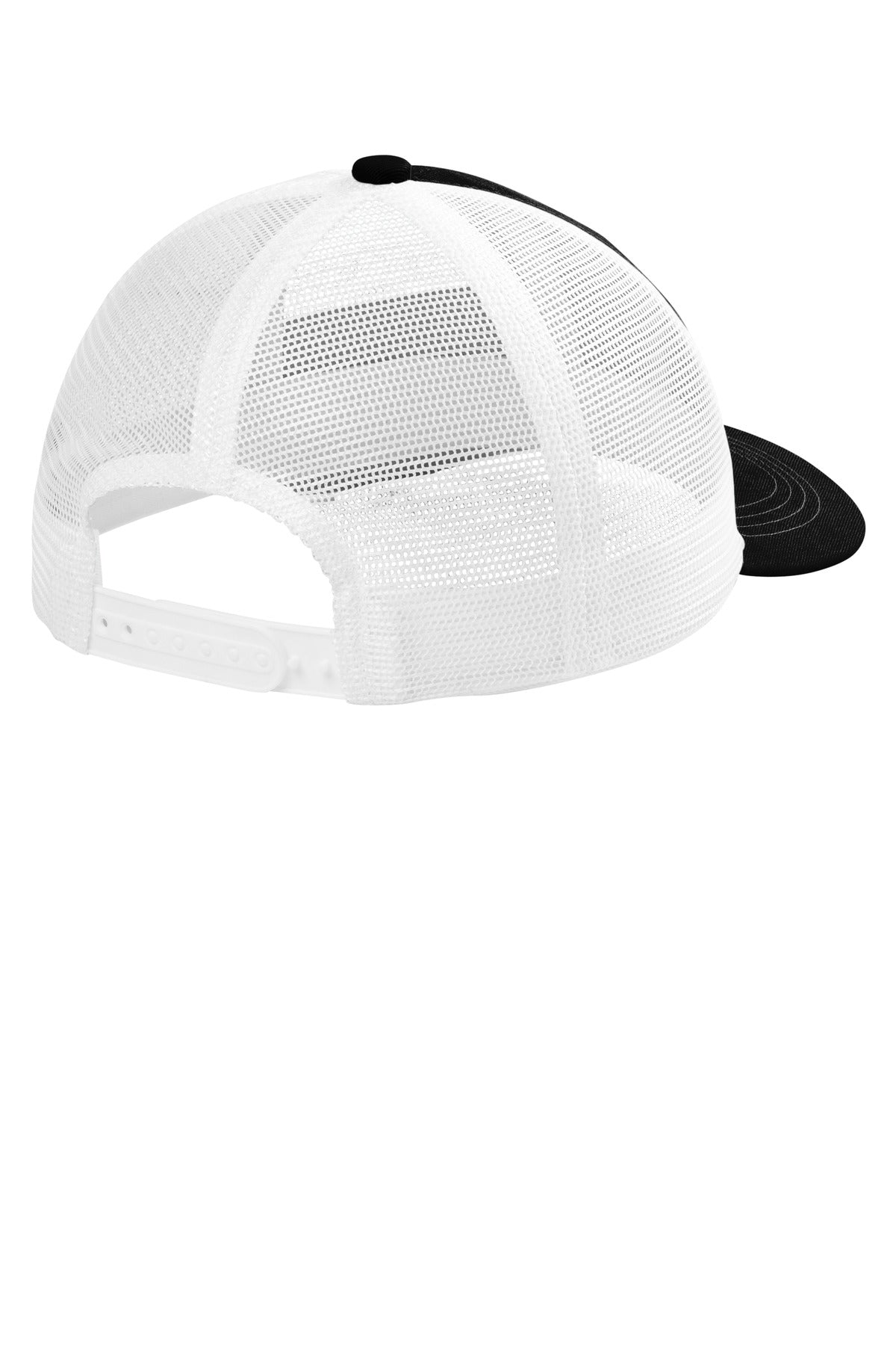 Rear View of Blk/White Port Authority Unstructured Snapback Trucker Cap C409