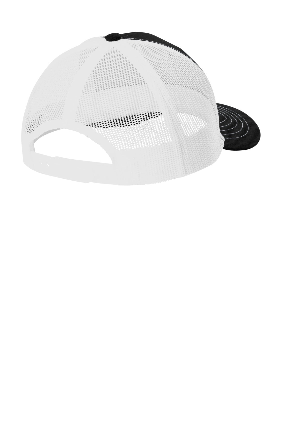 Rear View of Blk/White Port Authority Youth Snapback Trucker Cap YC402