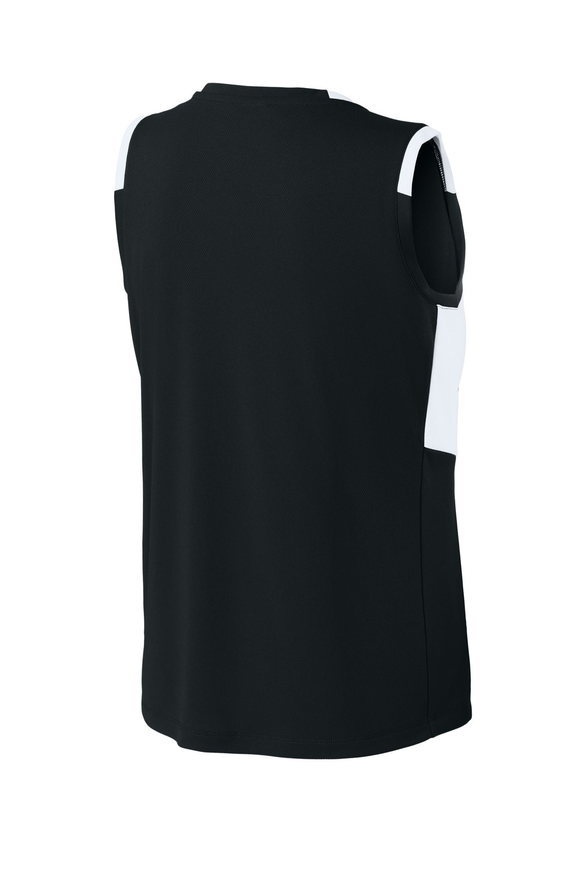 Rear View of Blk/White Sport-Tek Women's Club Sleeveless V-Neck LST441