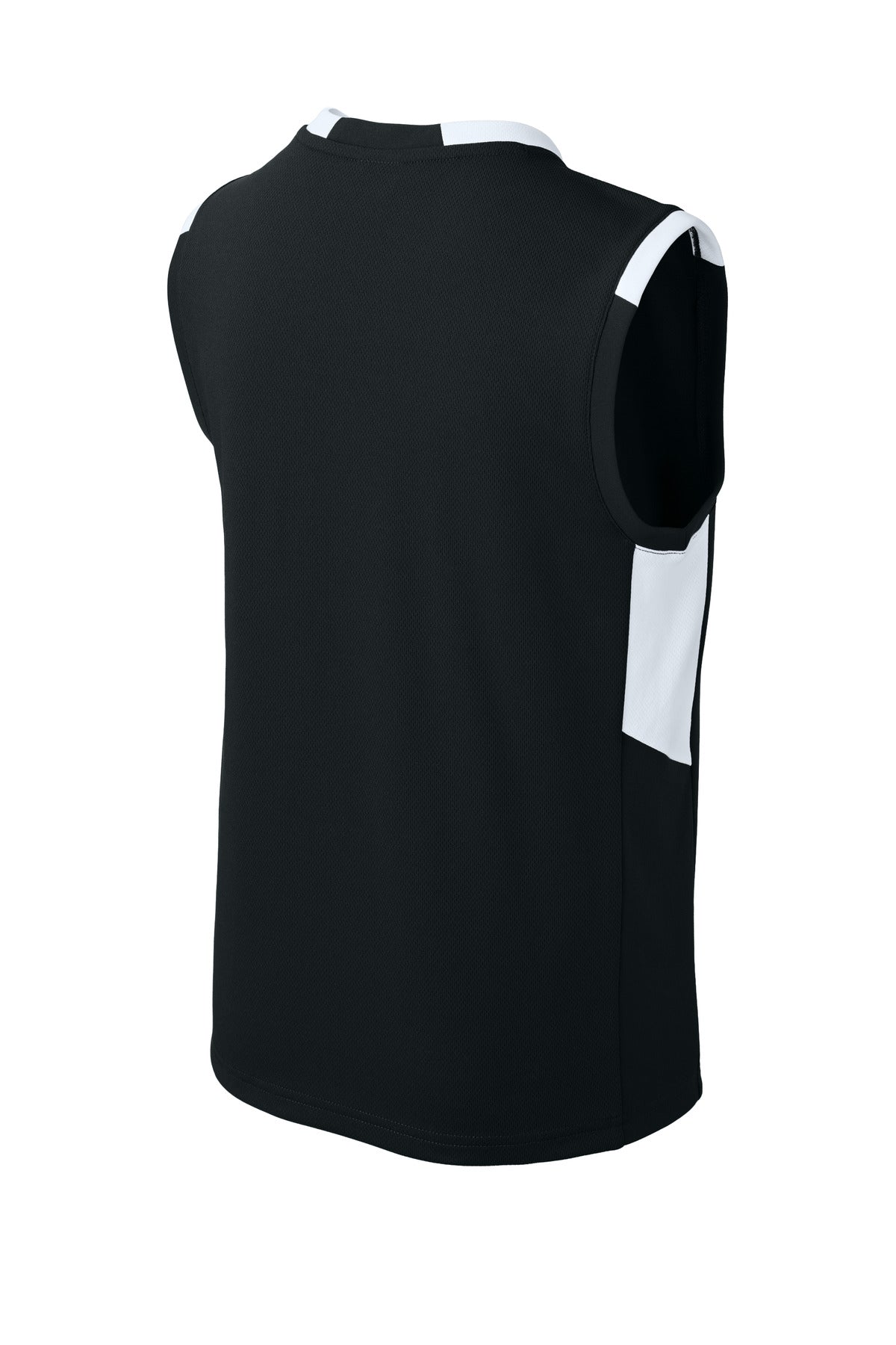Rear View of Blk/White Sport-Tek Youth Club Sleeveless V-Neck YST441