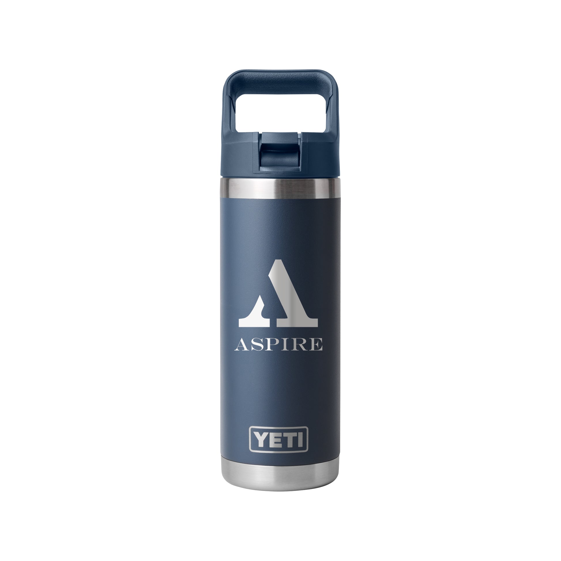 Rear View of Blue-Navy Rambler® 18 oz Water Bottle with Color-Matched Straw Cap