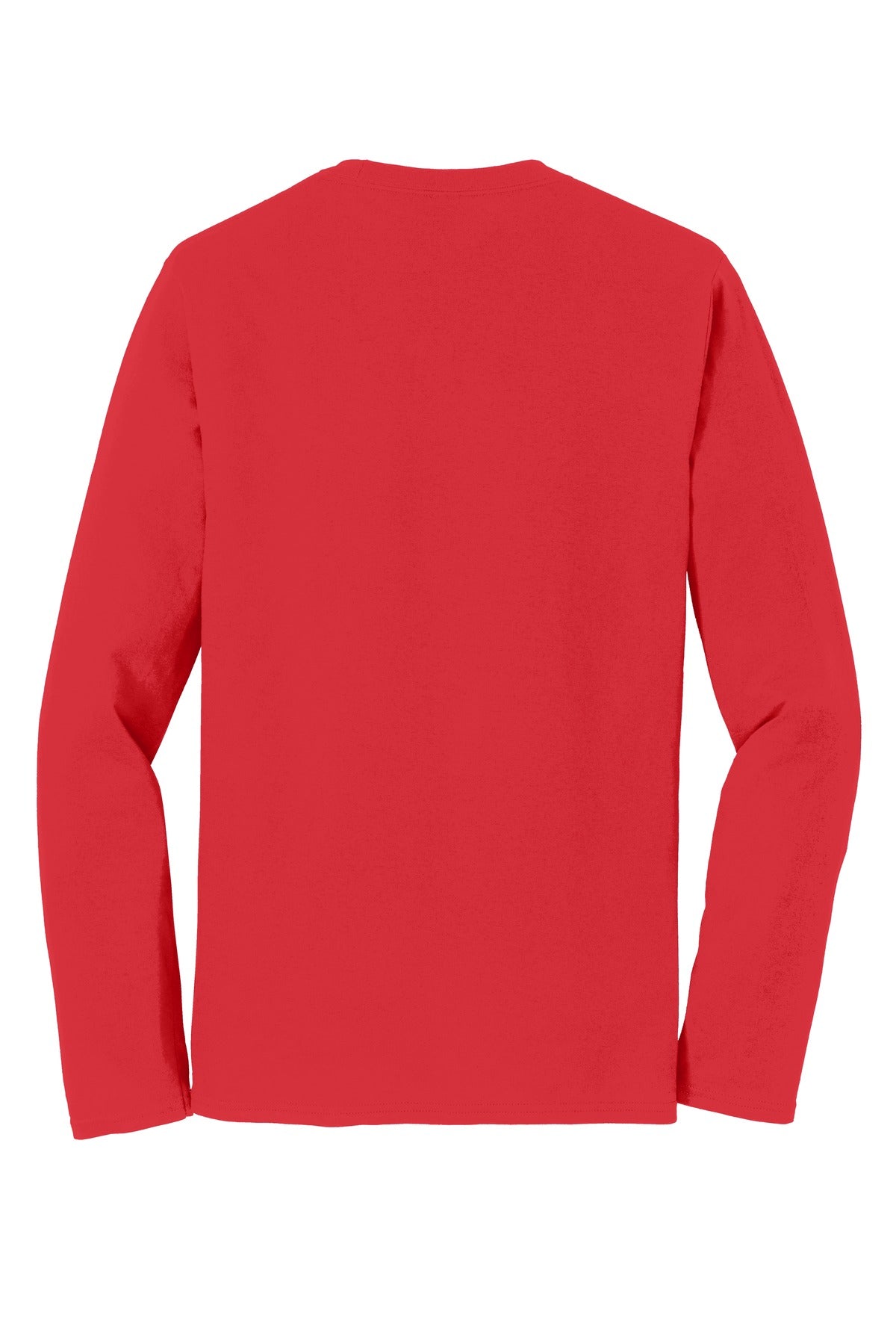 Rear View of Bright Red Port & Co Long Sleeve Fan Favorite Tee. PC450LS