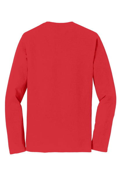 Rear View of Bright Red Port & Co Long Sleeve Fan Favorite Tee. PC450LS