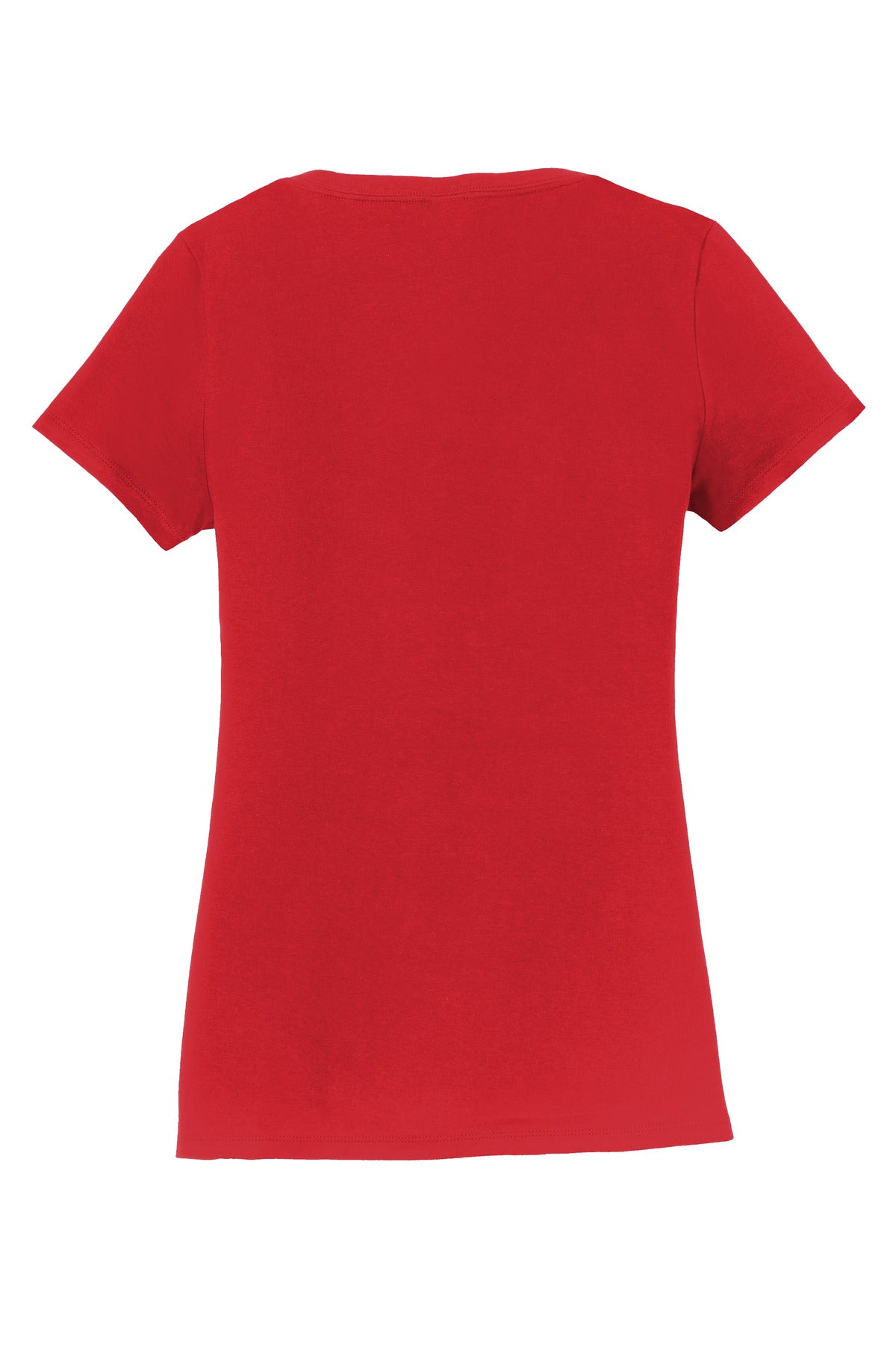 Rear View of Bright Red Port & Co Women's Fan Favorite V-Neck Tee. LPC450V