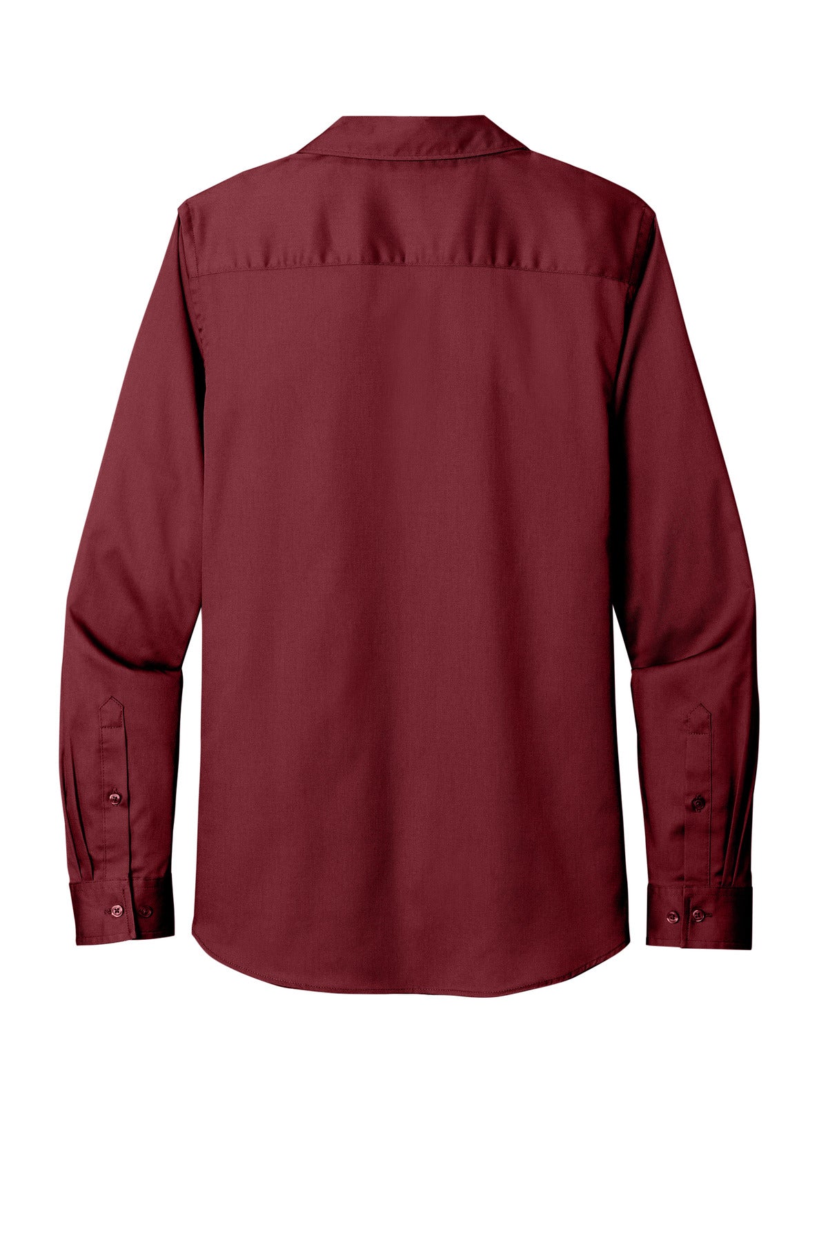 Rear View of Burgundy Port Authority Women's Long Sleeve SuperPro React Twill Shirt. LW808