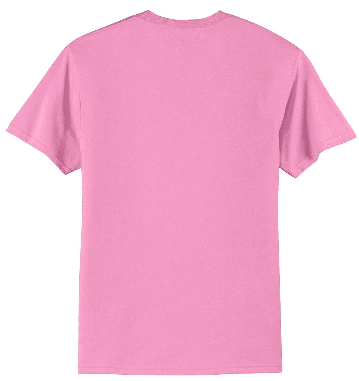 Rear View of Candy Pink Port & Co Core Blend Tee. PC55