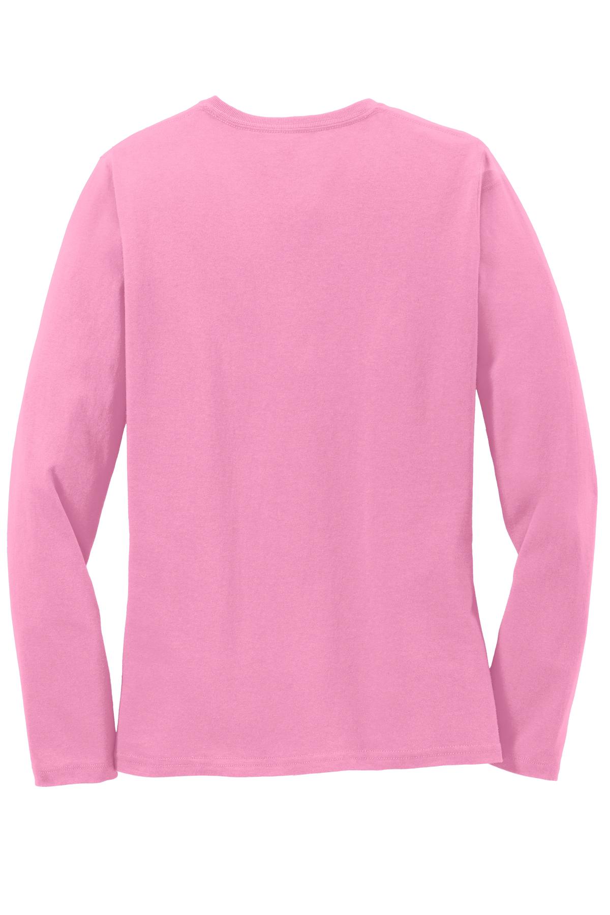 Rear View of Candy Pink Port & Co Women's Long Sleeve Core Cotton Tee. LPC54LS