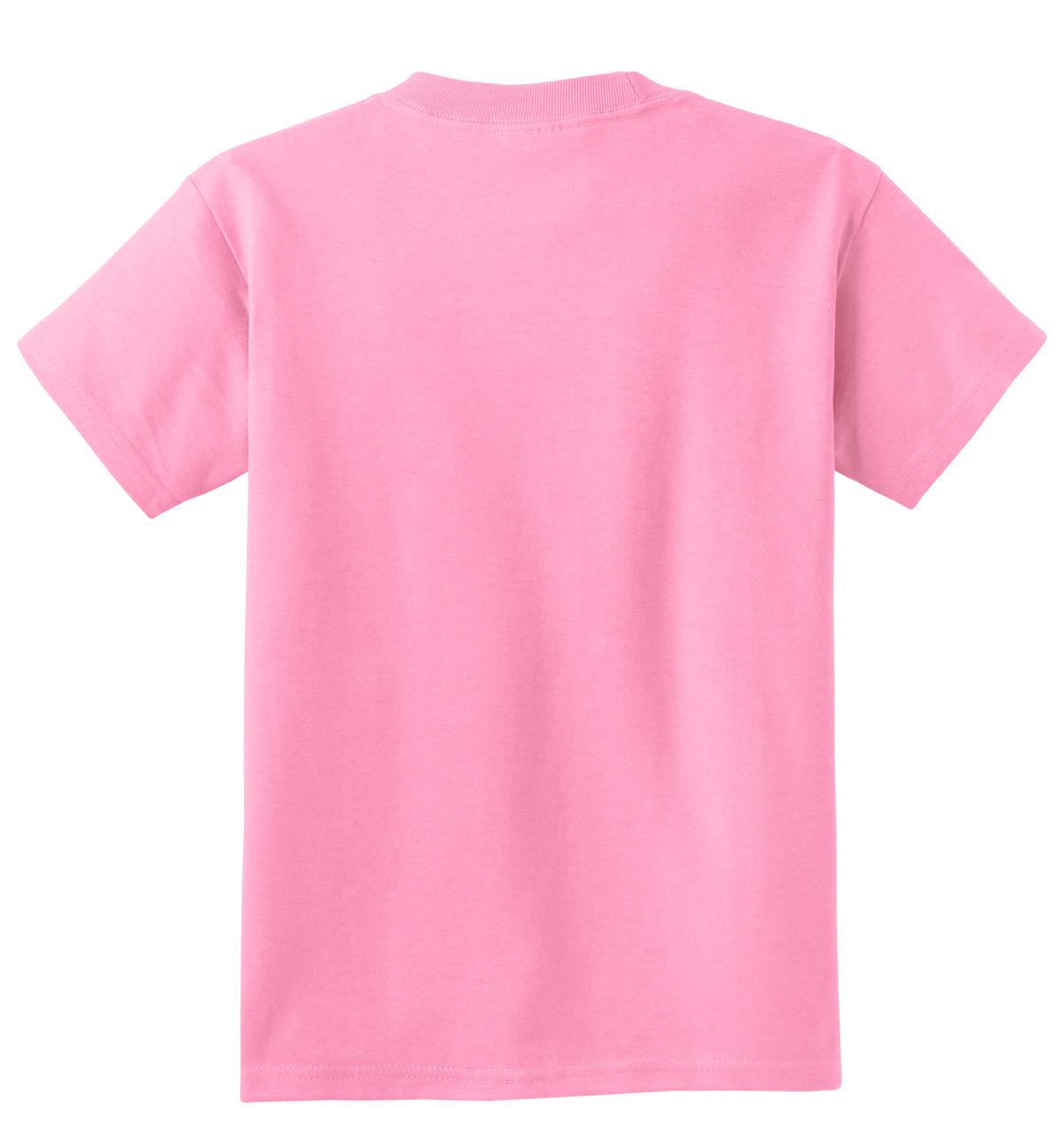 Rear View of Candy Pink Port & Co Youth Core Cotton Tee. PC54Y