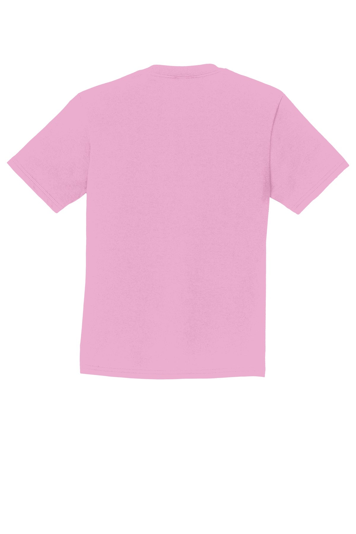 Rear View of Candy Pink Port & Co Youth Fan Favorite Tee. PC450Y