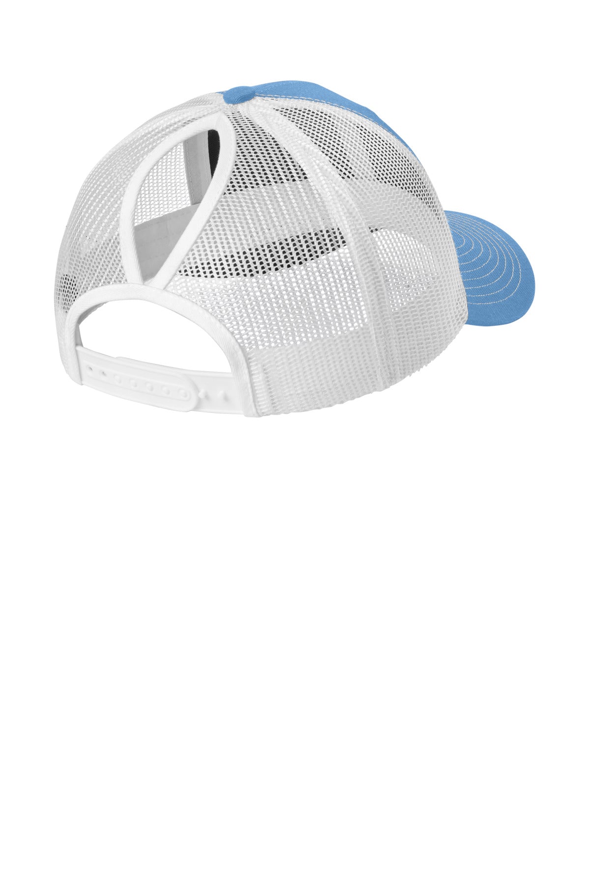 Rear View of CarBl/Wht Port Authority Snapback Ponytail Trucker Cap LC401