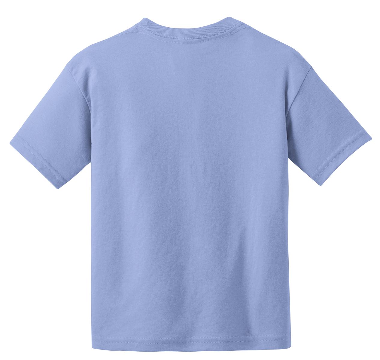Rear View of Carolina Blue Gildan Youth DryBlend 50 Cotton/50 Poly T-Shirt. 8000B