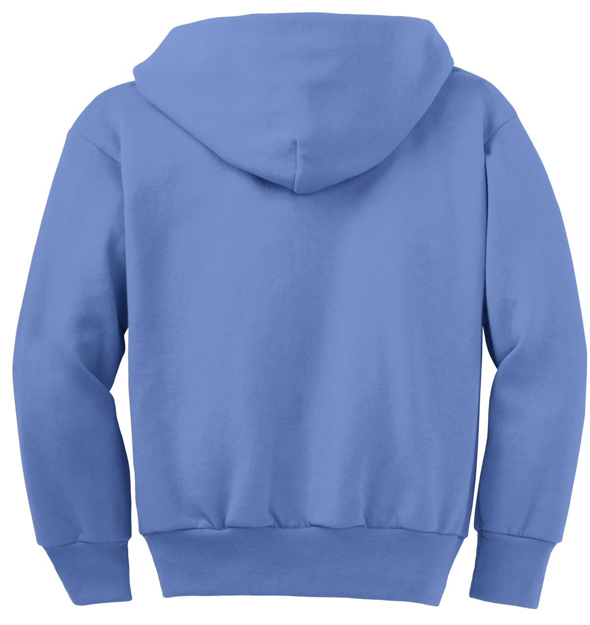 Rear View of Carolina Blue Port & Co Youth Core Fleece Full-Zip Hooded Sweatshirt. PC90YZH