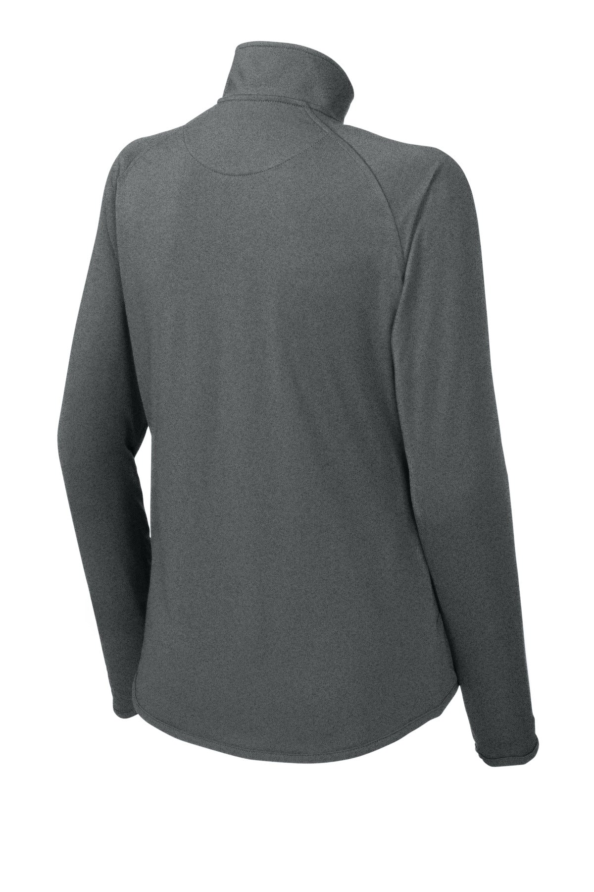 Rear View of Charcoal Gy He Sport-Tek Women's Sport-Wick Stretch 1/4-Zip Pullover. LST850