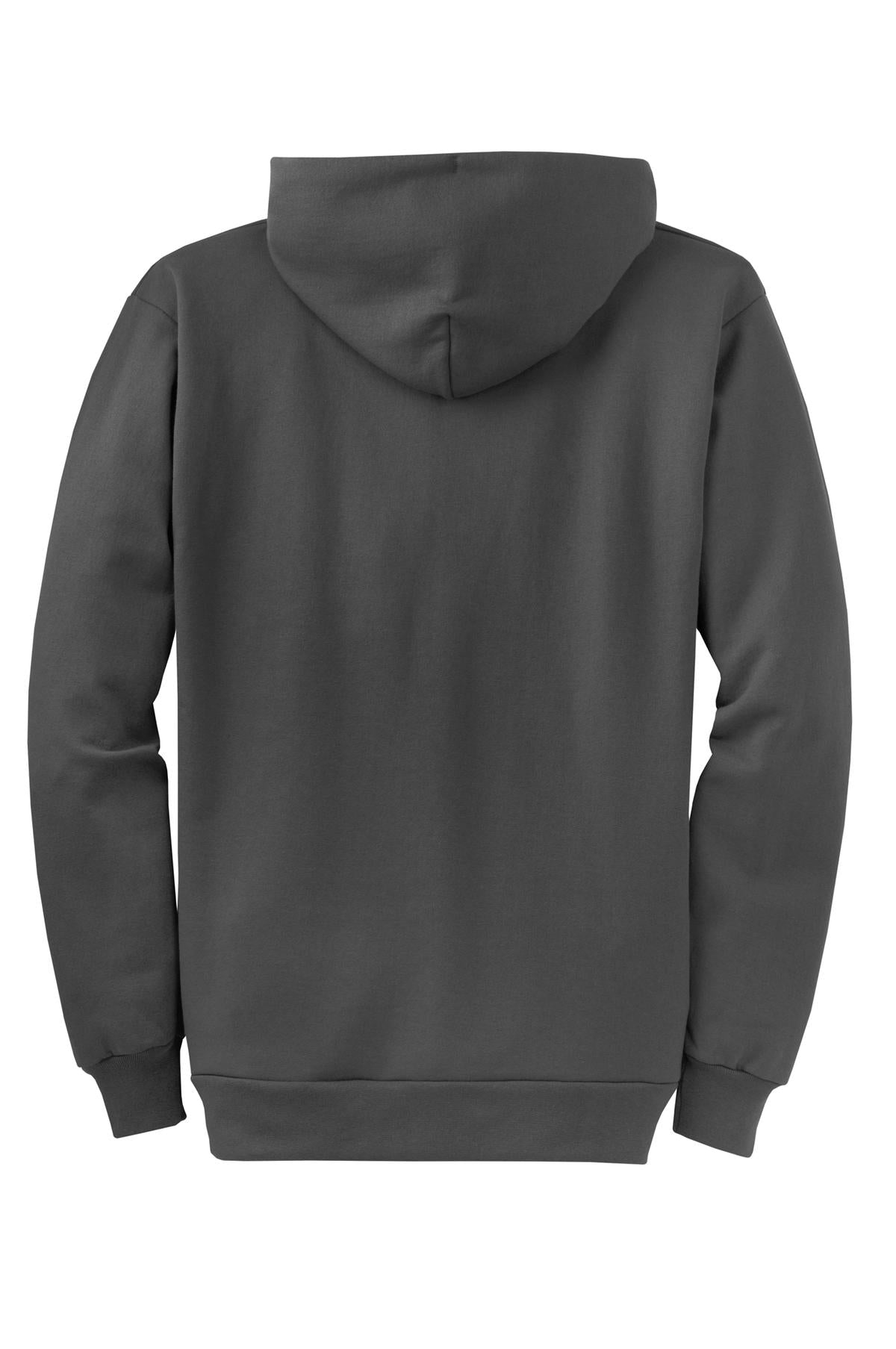 Rear View of Charcoal Port & Co Core Fleece Full-Zip Hooded Sweatshirt. PC78ZH