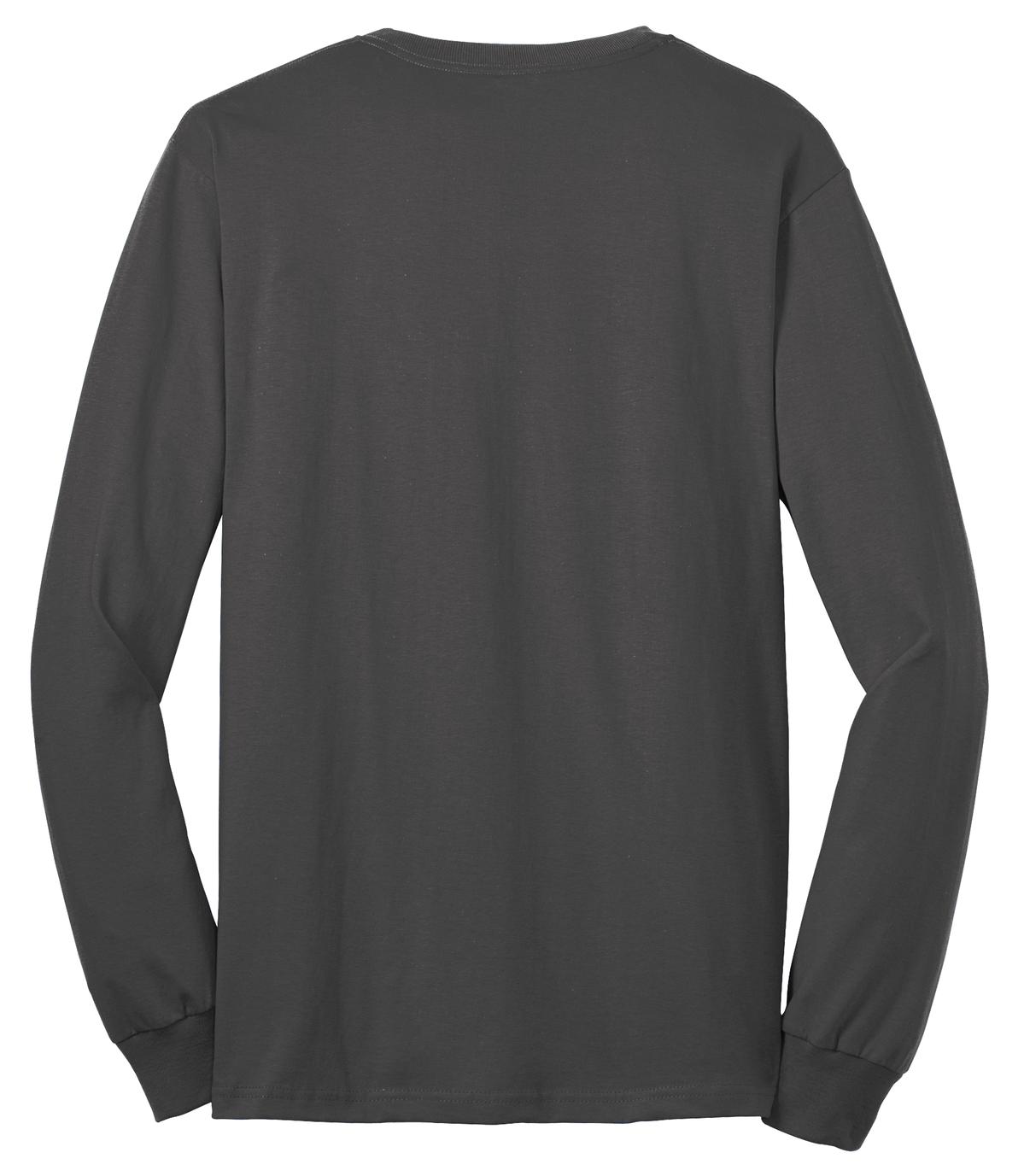 Rear View of Charcoal Port & Co Long Sleeve Core Blend Tee. PC55LS