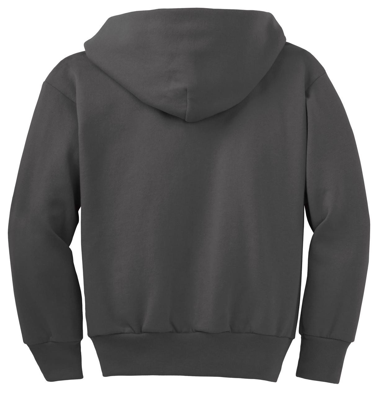 Rear View of Charcoal Port & Co Youth Core Fleece Full-Zip Hooded Sweatshirt. PC90YZH