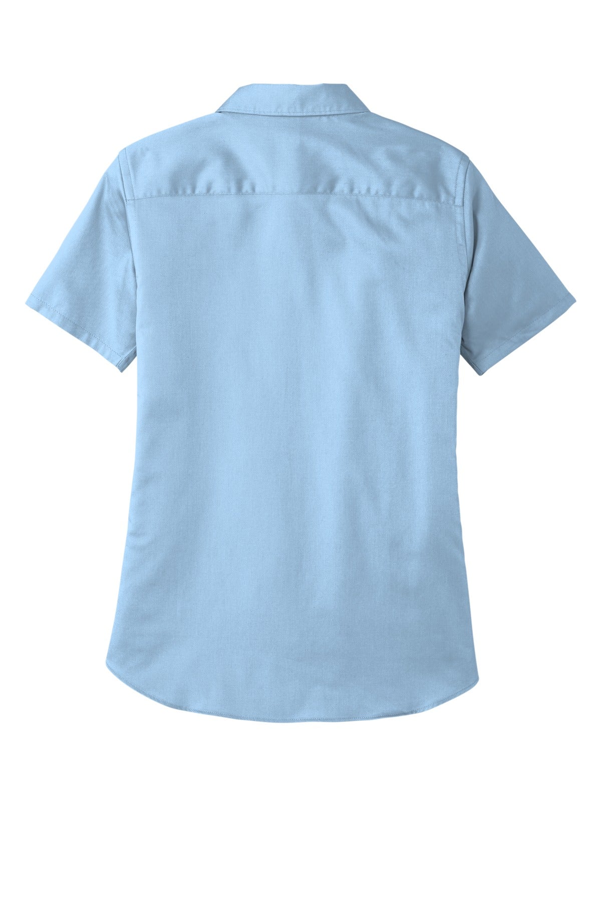 Rear View of CloudBlue Port Authority Women's Short Sleeve SuperPro React Twill Shirt. LW809