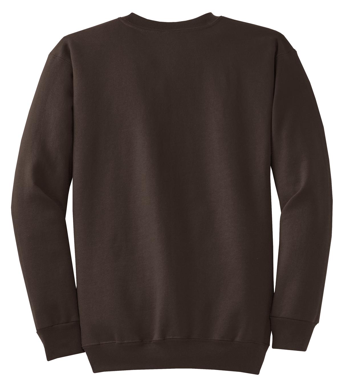 Rear View of Dark Chocolate Port & Co Core Fleece Crewneck Sweatshirt. PC78