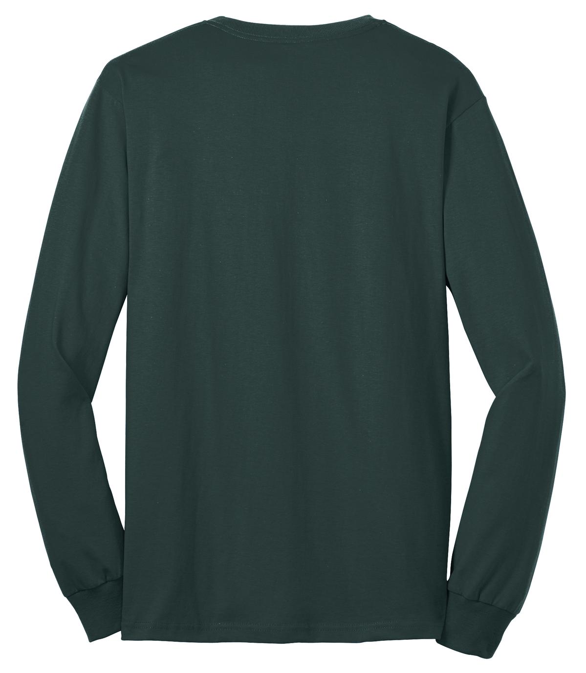 Rear View of Dark Green Port & Co Long Sleeve Core Blend Tee. PC55LS