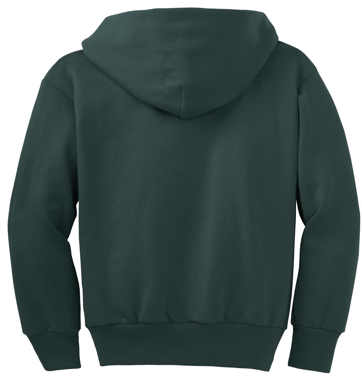 Rear View of Dark Green Port & Co Youth Core Fleece Full-Zip Hooded Sweatshirt. PC90YZH