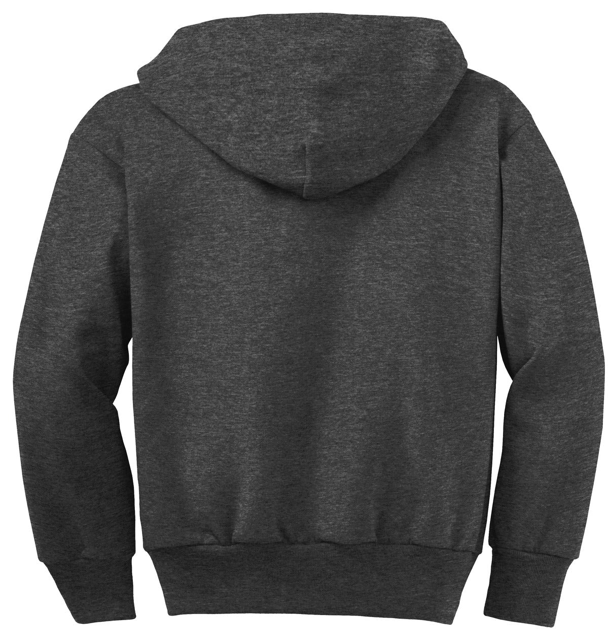 Rear View of Dark Hthr Grey Port & Co Youth Core Fleece Full-Zip Hooded Sweatshirt. PC90YZH