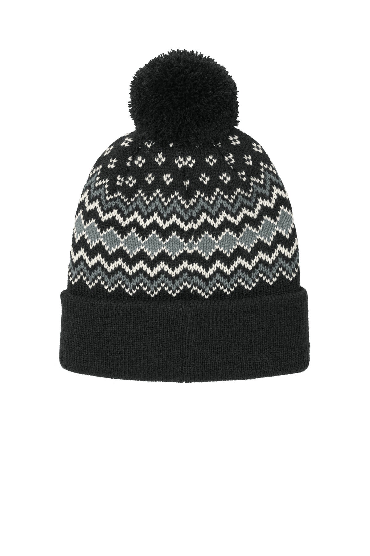 Rear View of DBk/GsG/Mh Port Authority Alpine Pom Beanie C991