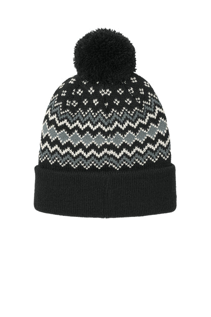 Rear View of DBk/GsG/Mh Port Authority Alpine Pom Beanie C991