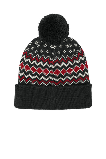 Rear View of DBk/RcR/Mh Port Authority Alpine Pom Beanie C991