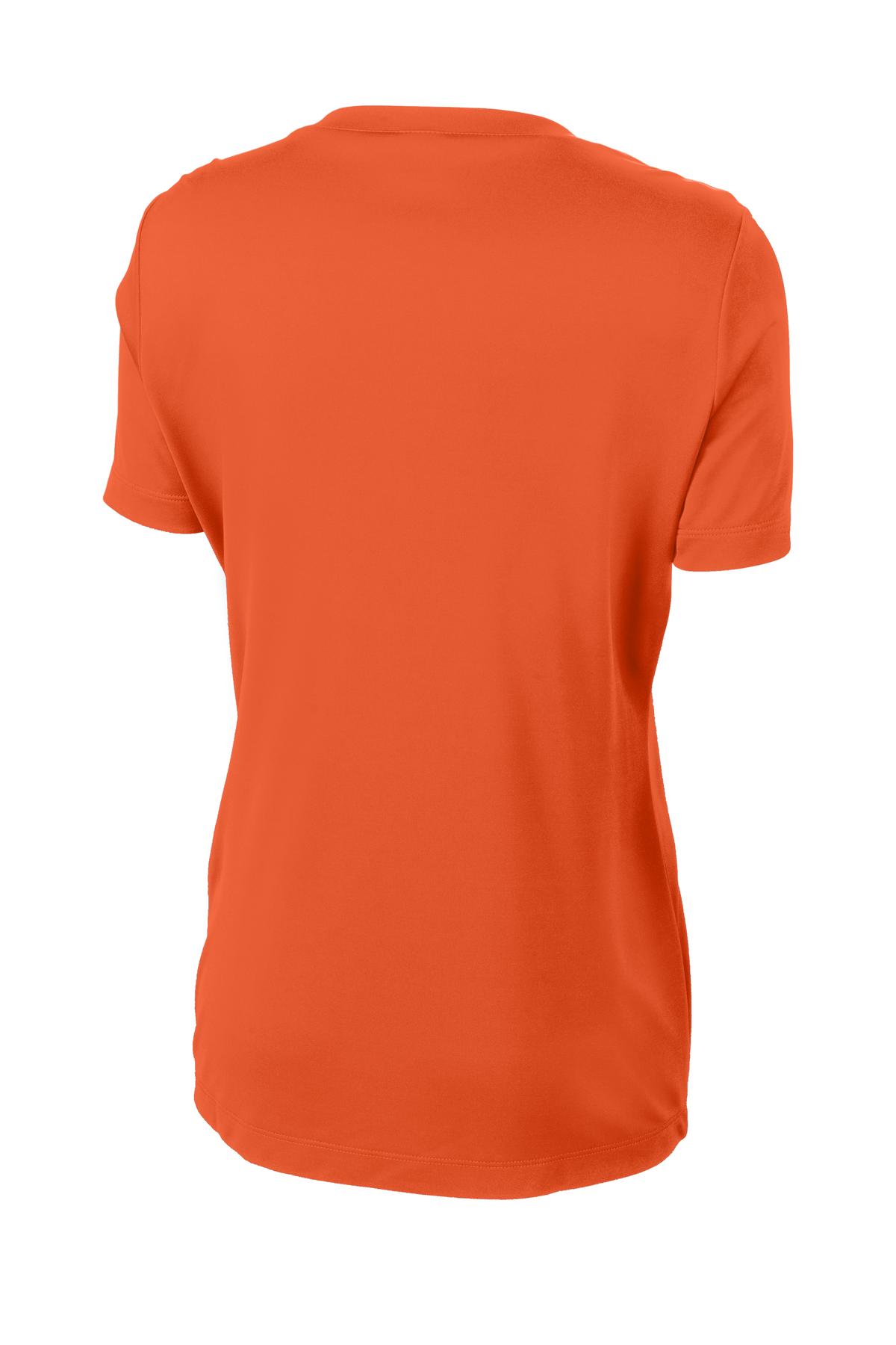 Rear View of Deep Orange Sport-Tek Women's PosiCharge Competitor V-Neck Tee. LST353