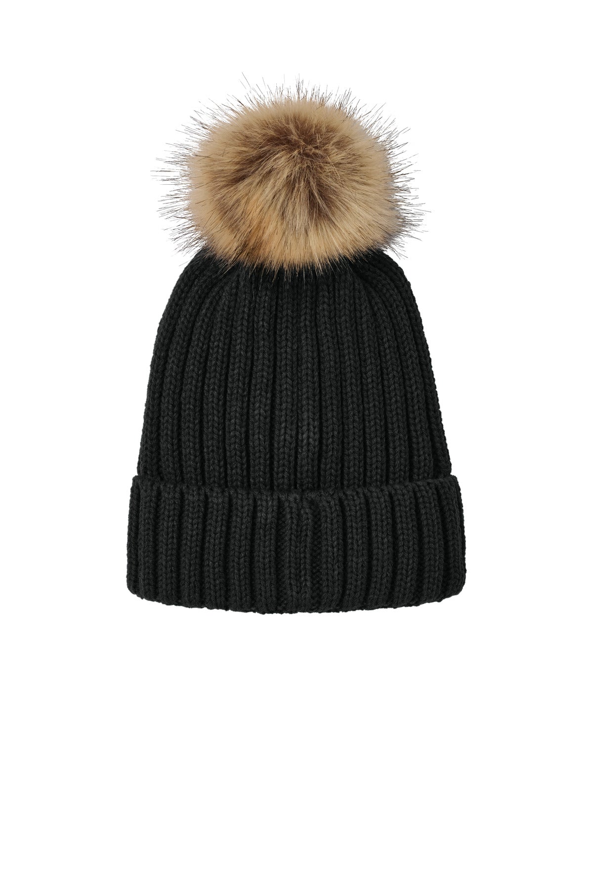 Rear View of DeepBlack Port Authority Faux Fur Pom Beanie C990