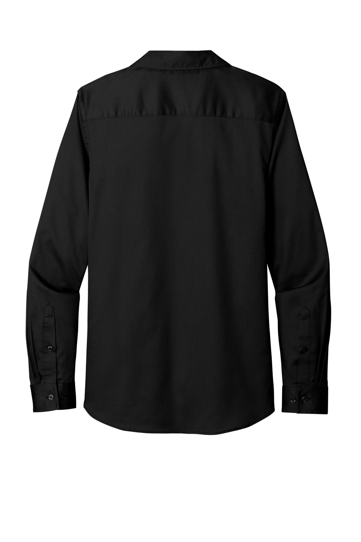 Rear View of DeepBlack Port Authority Women's Long Sleeve SuperPro React Twill Shirt. LW808
