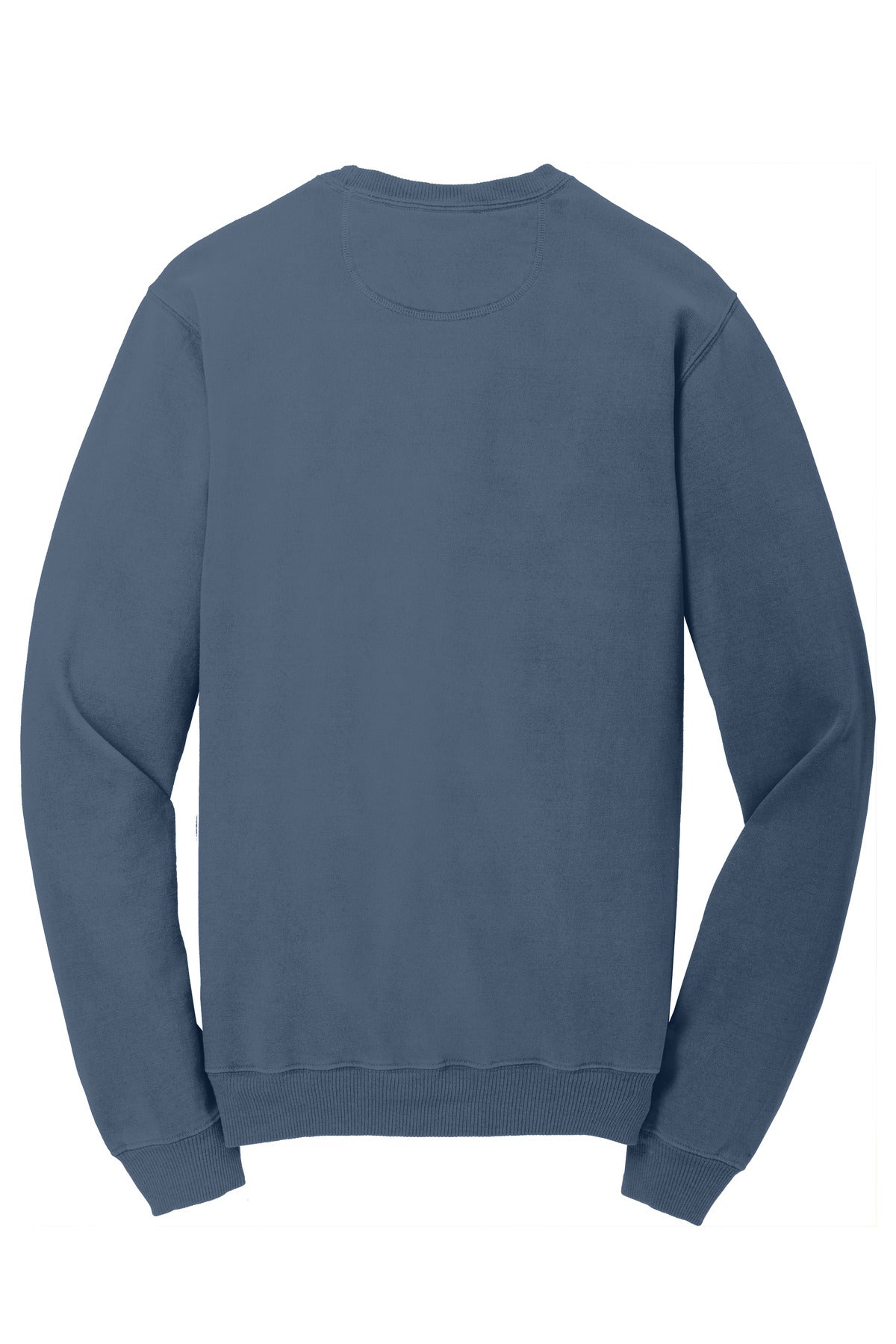 Rear View of Denim Blue Port & Co Beach Wash Garment-Dyed Crewneck Sweatshirt PC098