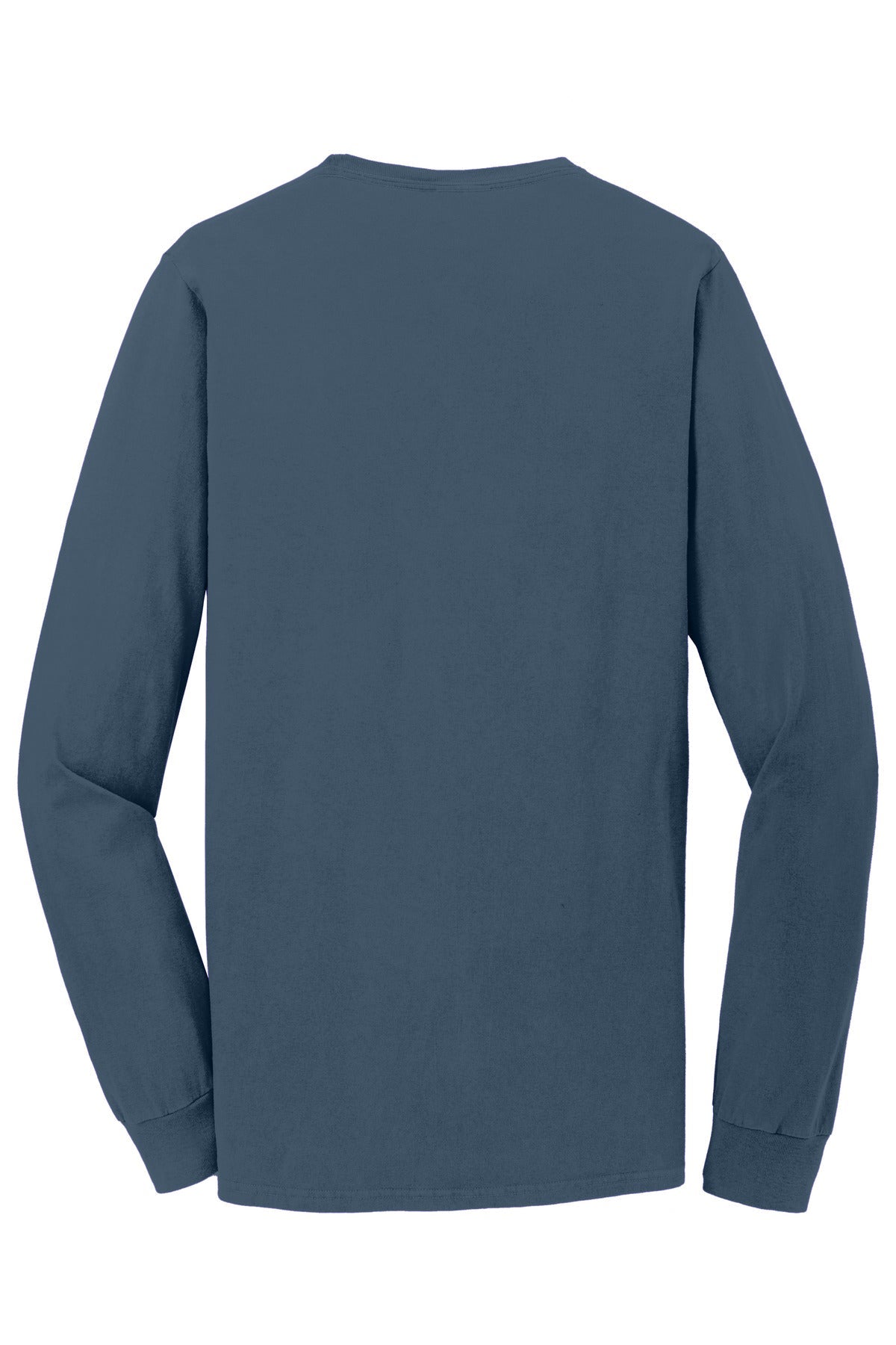 Rear View of Denim Blue Port & Co Beach Wash Garment-Dyed Long Sleeve Tee PC099LS