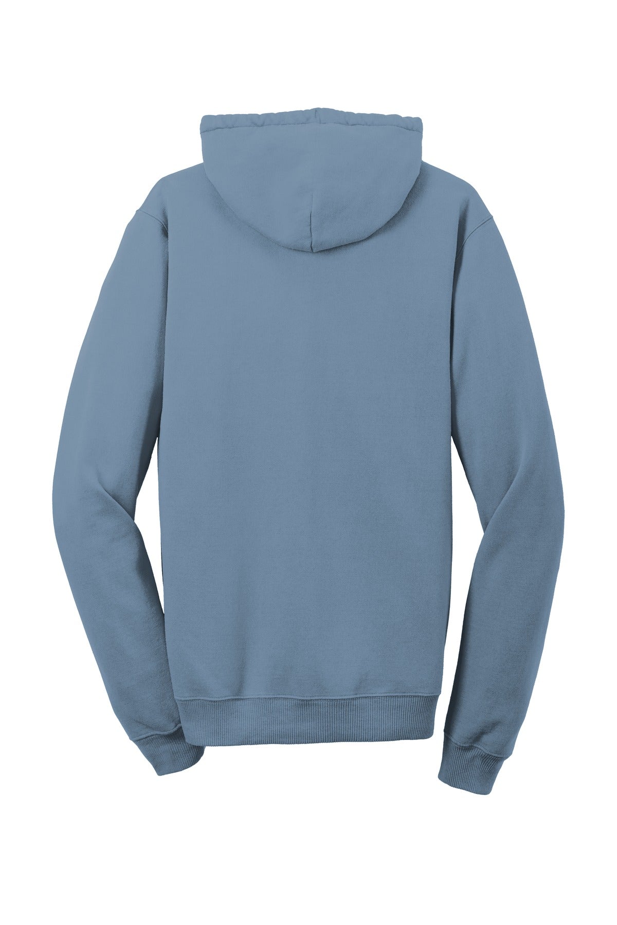 Rear View of Denim Blue Port & Co Beach Wash Garment-Dyed Pullover Hooded Sweatshirt. PC098H