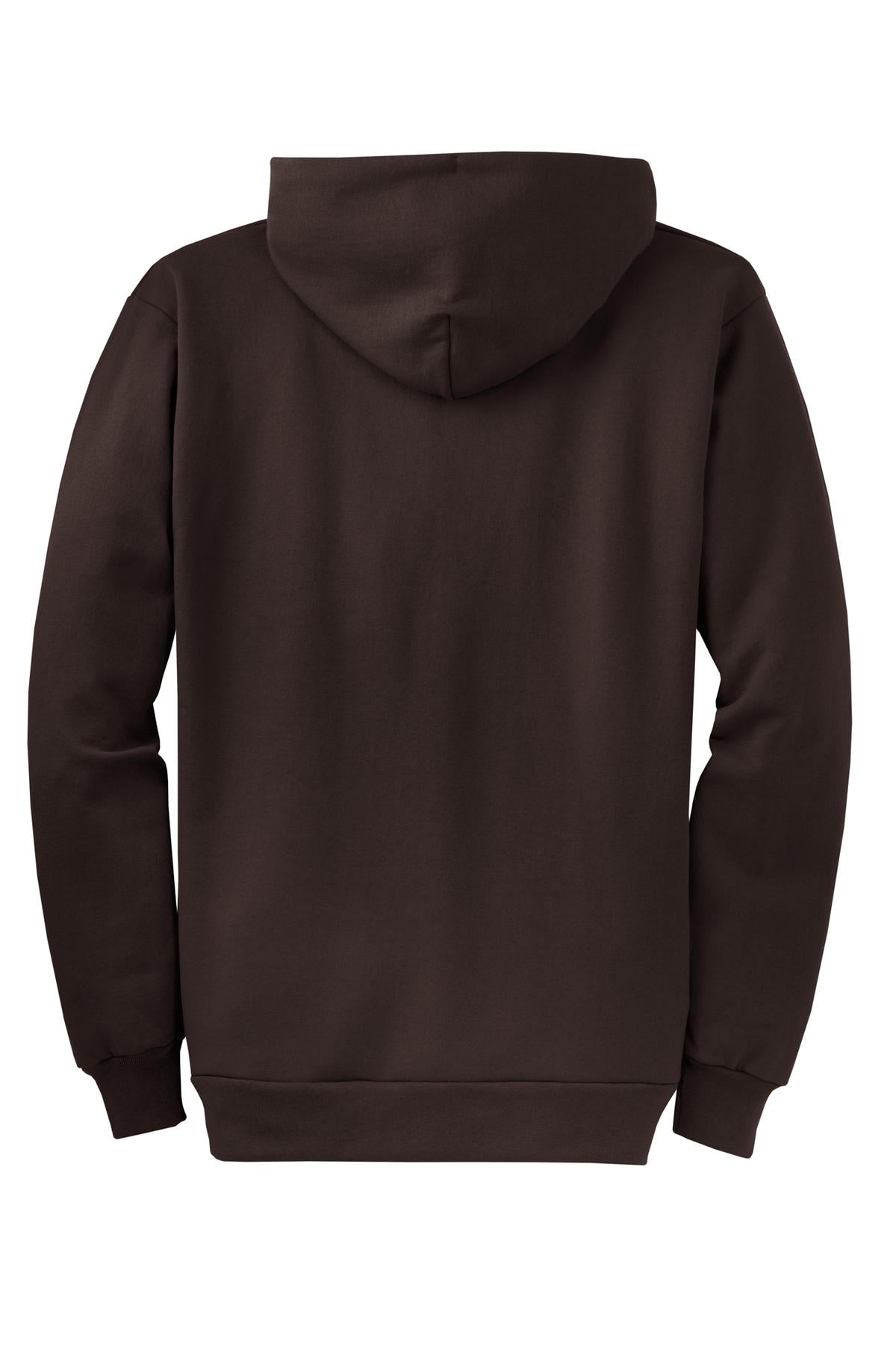 Rear View of Dk Choc Brown Port & Co Core Fleece Full-Zip Hooded Sweatshirt. PC78ZH