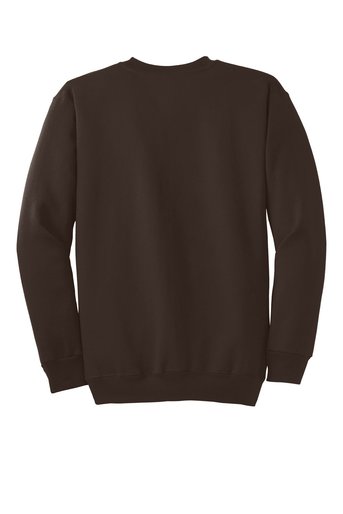 Rear View of Dk Choc Brown Port & Co Essential Fleece Crewneck Sweatshirt. PC90