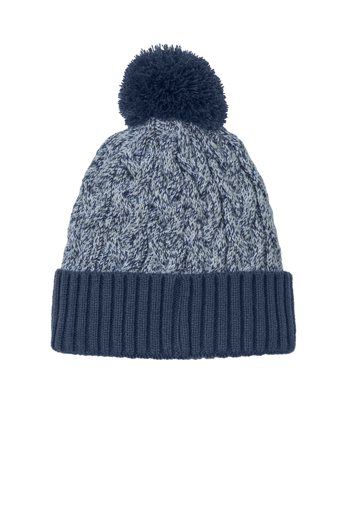 Rear View of DNv/Gy/Wht New Era Marled Knit Pom Beanie NE910