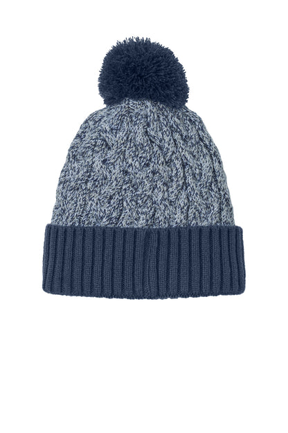 Rear View of DNv/Gy/Wht New Era Marled Knit Pom Beanie NE910