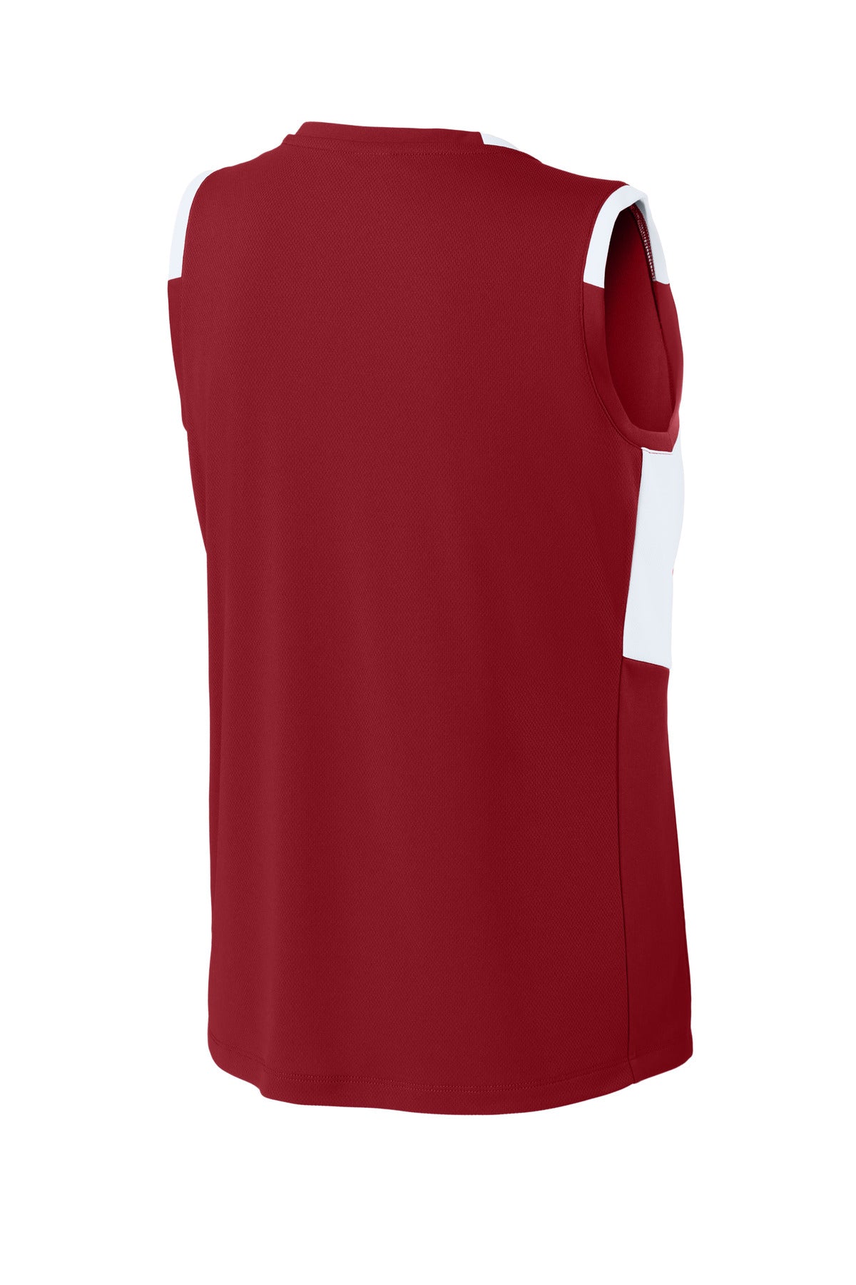 Rear View of DpRd/Wht Sport-Tek Women's Club Sleeveless V-Neck LST441