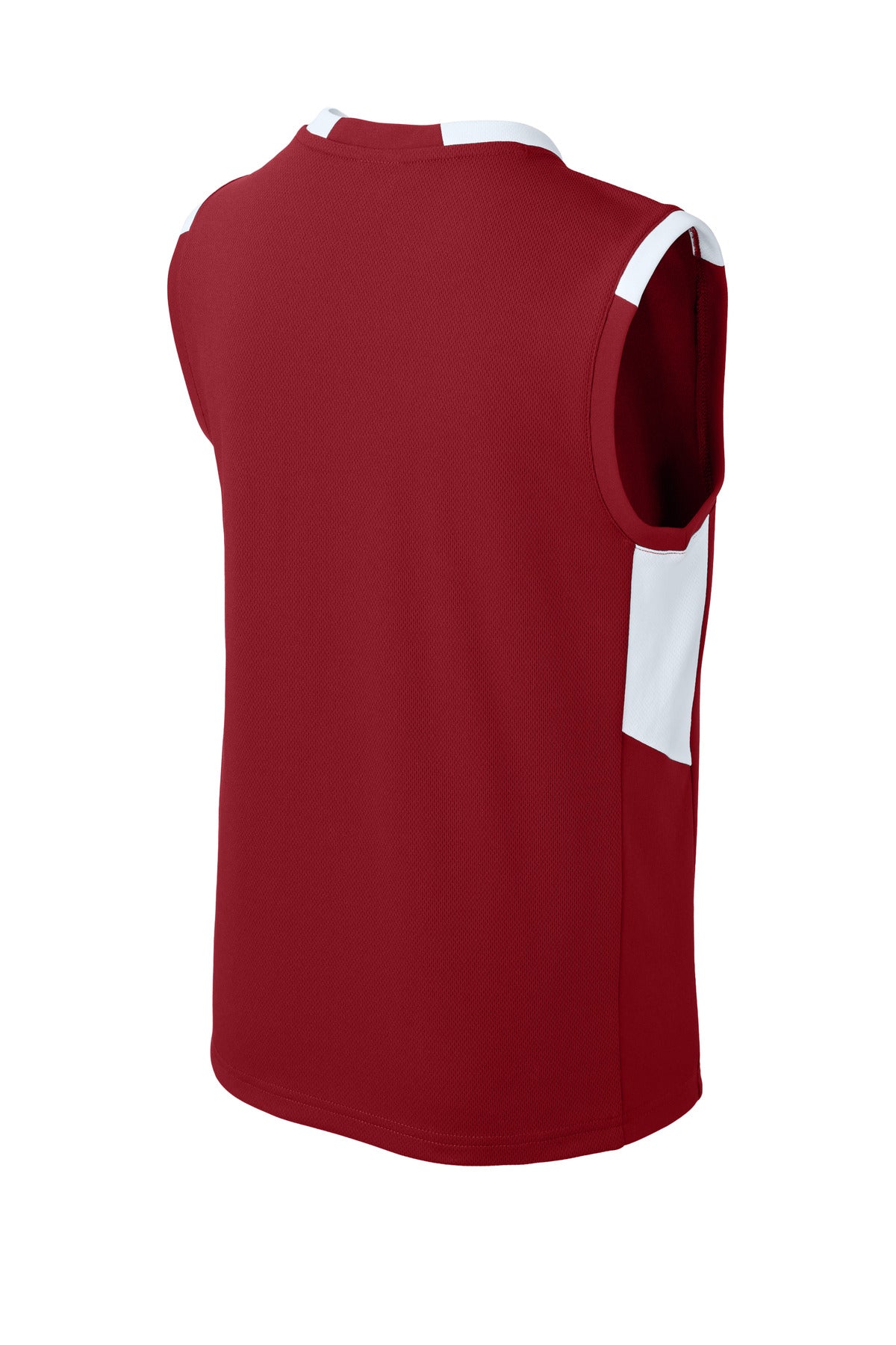 Rear View of DpRd/Wht Sport-Tek Youth Club Sleeveless V-Neck YST441
