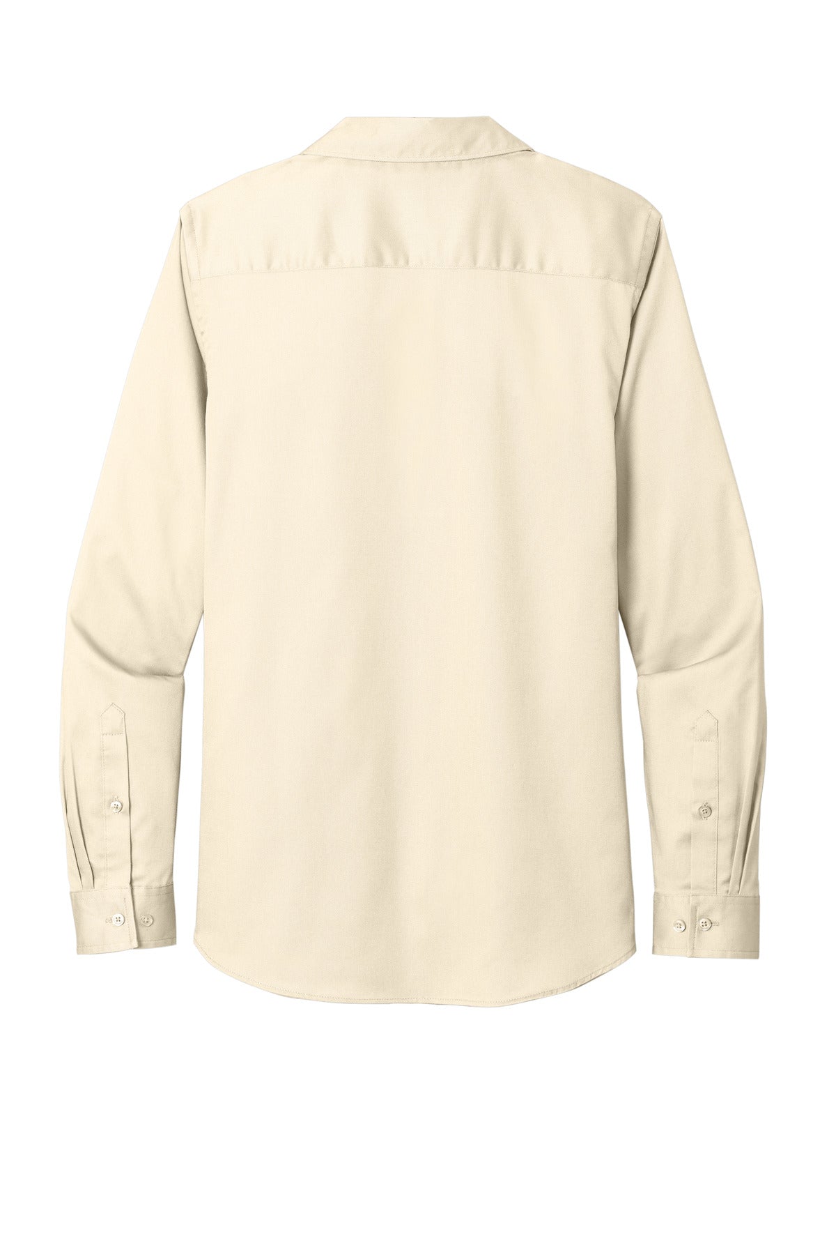 Rear View of Ecru Port Authority Women's Long Sleeve SuperPro React Twill Shirt. LW808