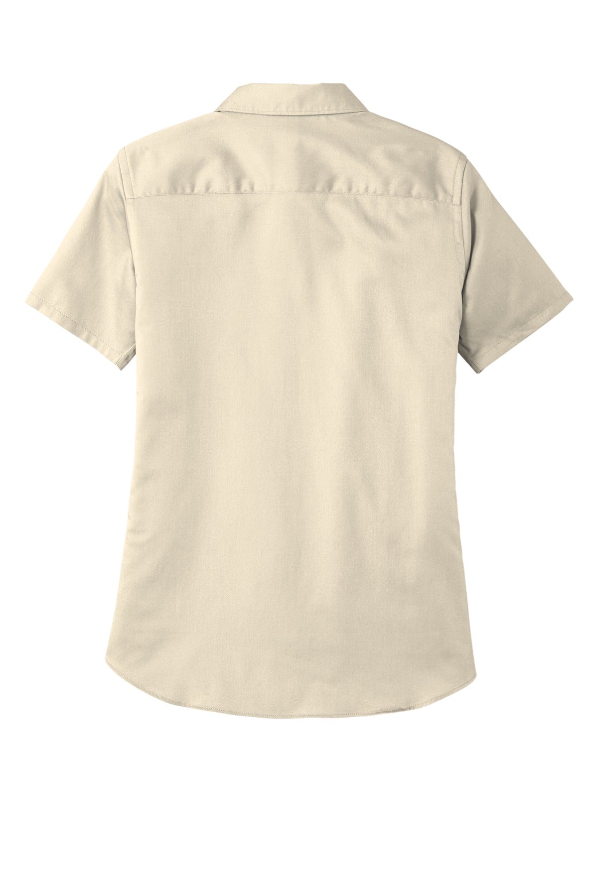 Rear View of Ecru Port Authority Women's Short Sleeve SuperPro React Twill Shirt. LW809