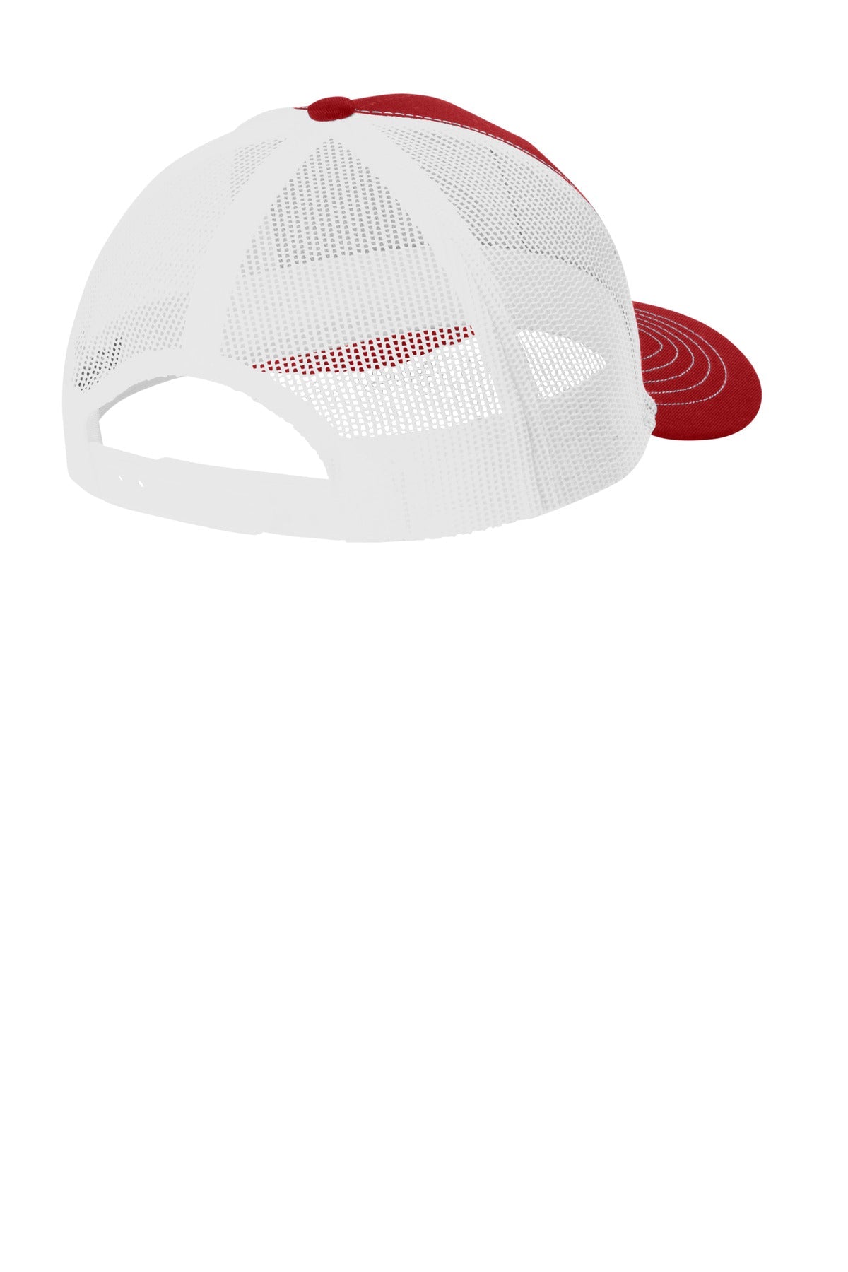 Rear View of FlameRd/Wh Port Authority Youth Snapback Trucker Cap YC402