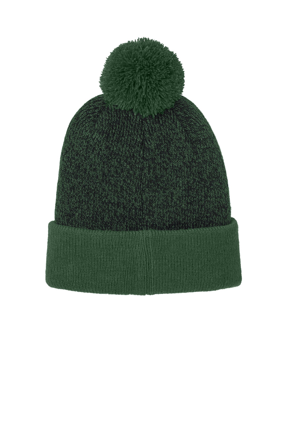 Rear View of FrGn/Blk Sport-Tek Halftime Heather Pom Beanie STC68
