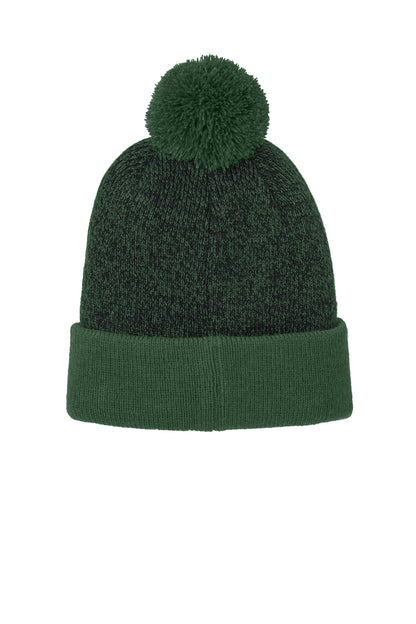 Rear View of FrGn/Blk Sport-Tek Halftime Heather Pom Beanie STC68
