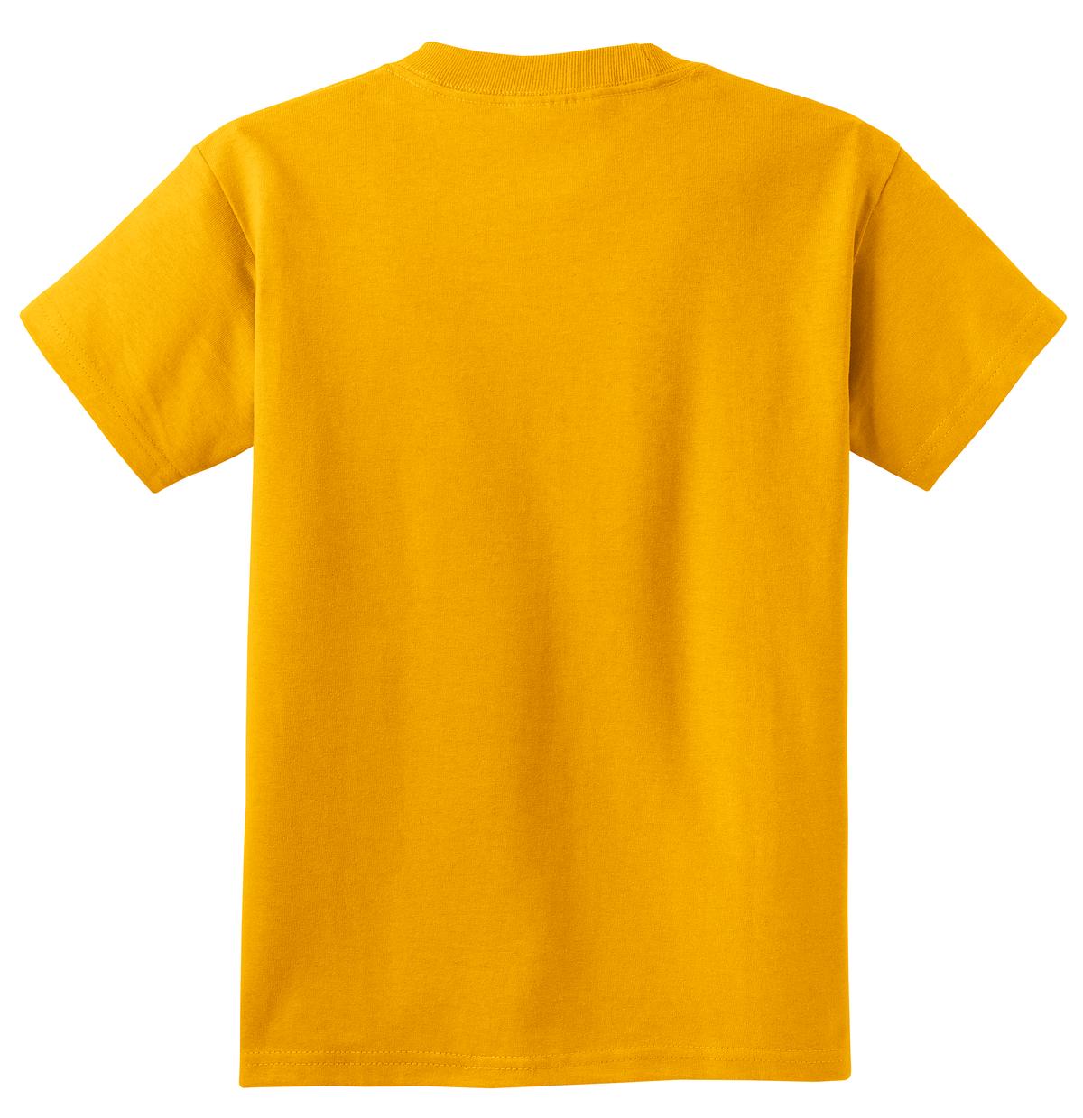 Rear View of Gold Port & Co Youth Essential Tee. PC61Y
