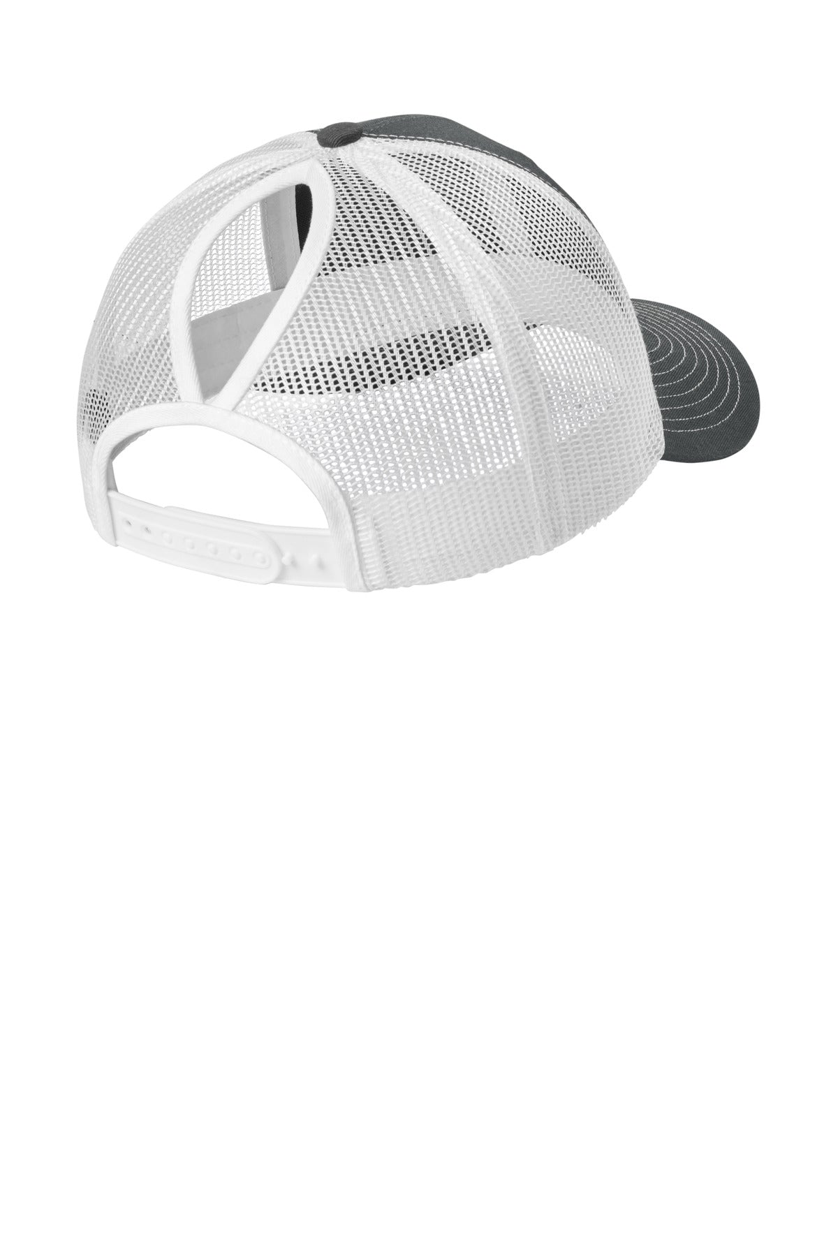 Rear View of GySt/White Port Authority Snapback Ponytail Trucker Cap LC401