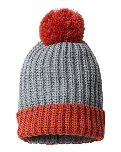 Rear View of Heather Grey/ Rust Chunky Cable Beanie - 143R