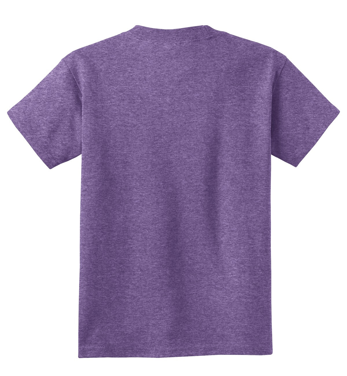 Rear View of Heather Purple Port & Co Youth Core Cotton Tee. PC54Y