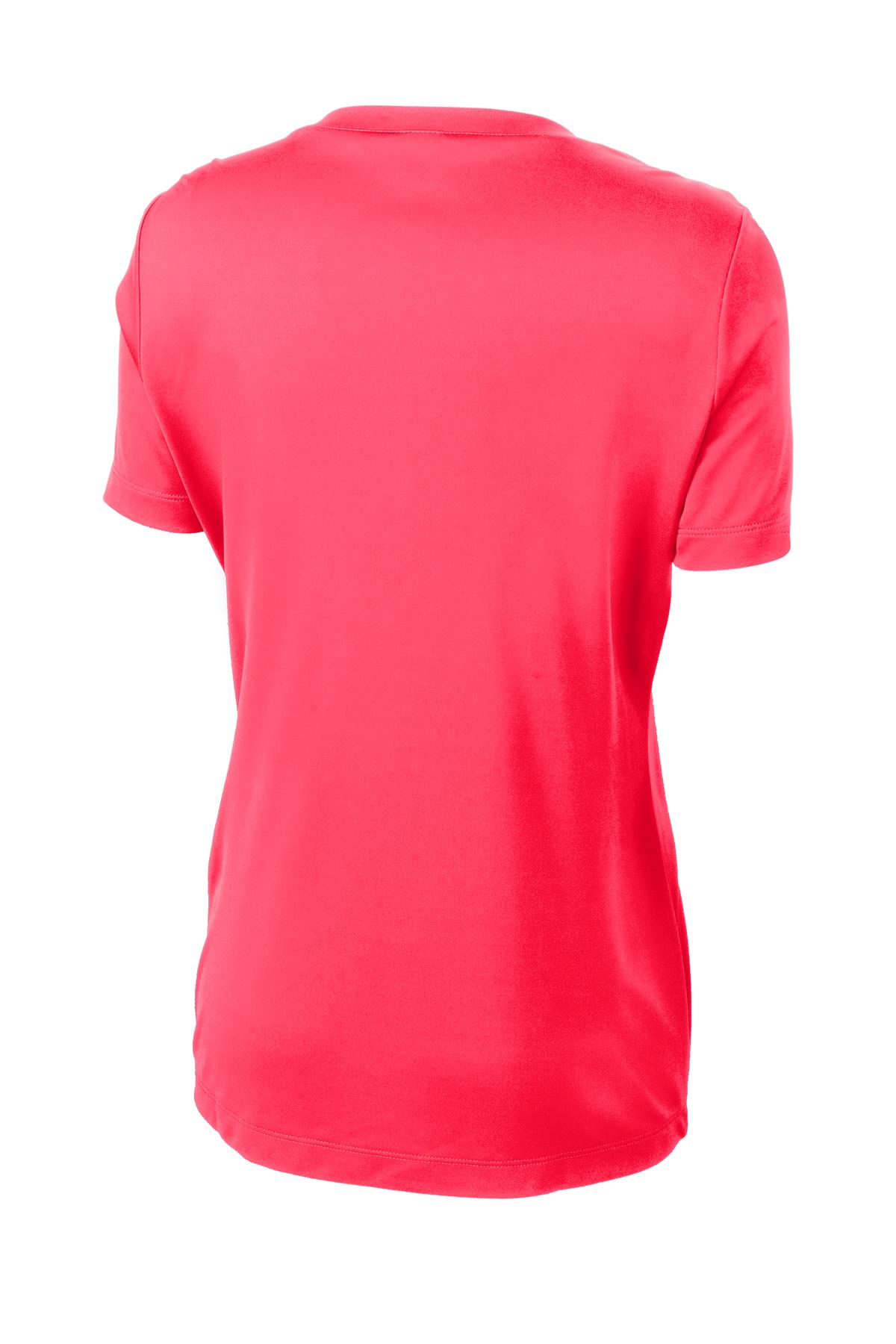 Rear View of Hot Coral Sport-Tek Women's PosiCharge Competitor V-Neck Tee. LST353
